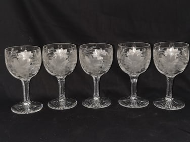 (5) Vintage Cut Glass Floral Wine Glasses