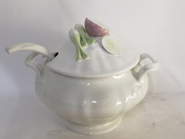 Vintage Porcelain Soup Tureen with Ladle, Signed