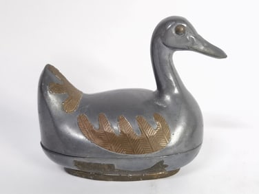 Vintage Chinese Pewter with Brass Overlay Duck Box