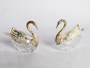 Pr. of Vintage Silver Plated Glass Swan Salt/Peppe