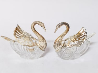 Pr. of Vintage Silver Plated Glass Swan Salt/Peppe