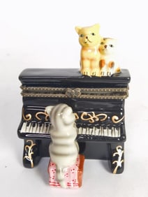 Vintage Porcelain Cat Playing Piano Trinket Box