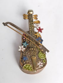 Vintage Rhinestone Enamel over Metal Violin Trinke