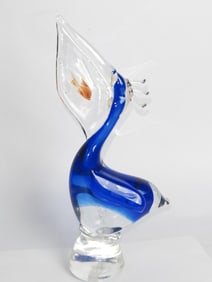 Vintage Murano Italy Blue Glass Pelican with Goldf