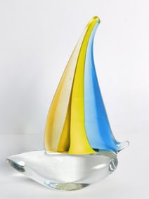 Vintage Murano Italy Yellow Blue Glass Sailboat