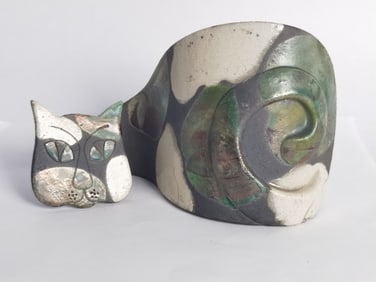 Vintage Studio Pottery Raku Cat Figurine, Signed V