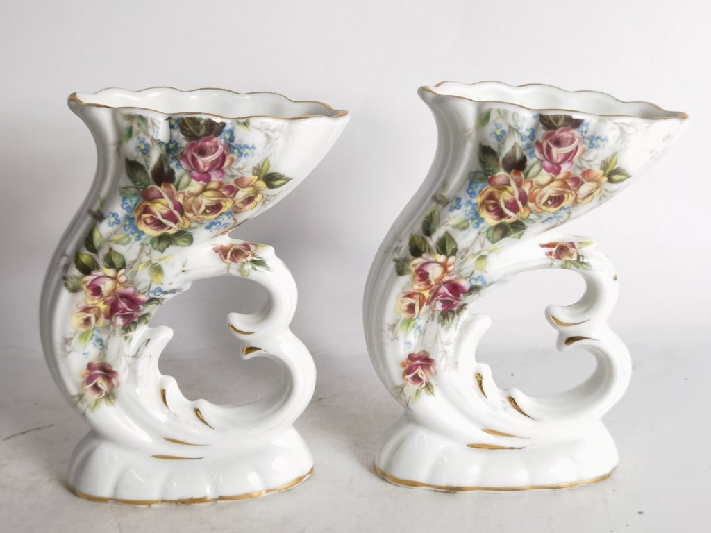 Pr. of England Longton Bone China Floral Vases: Pr. of England Longton Bone China Floral Vases, 5in