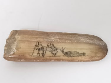 Signed Paneok Scrimshaw Whale Tooth Carving