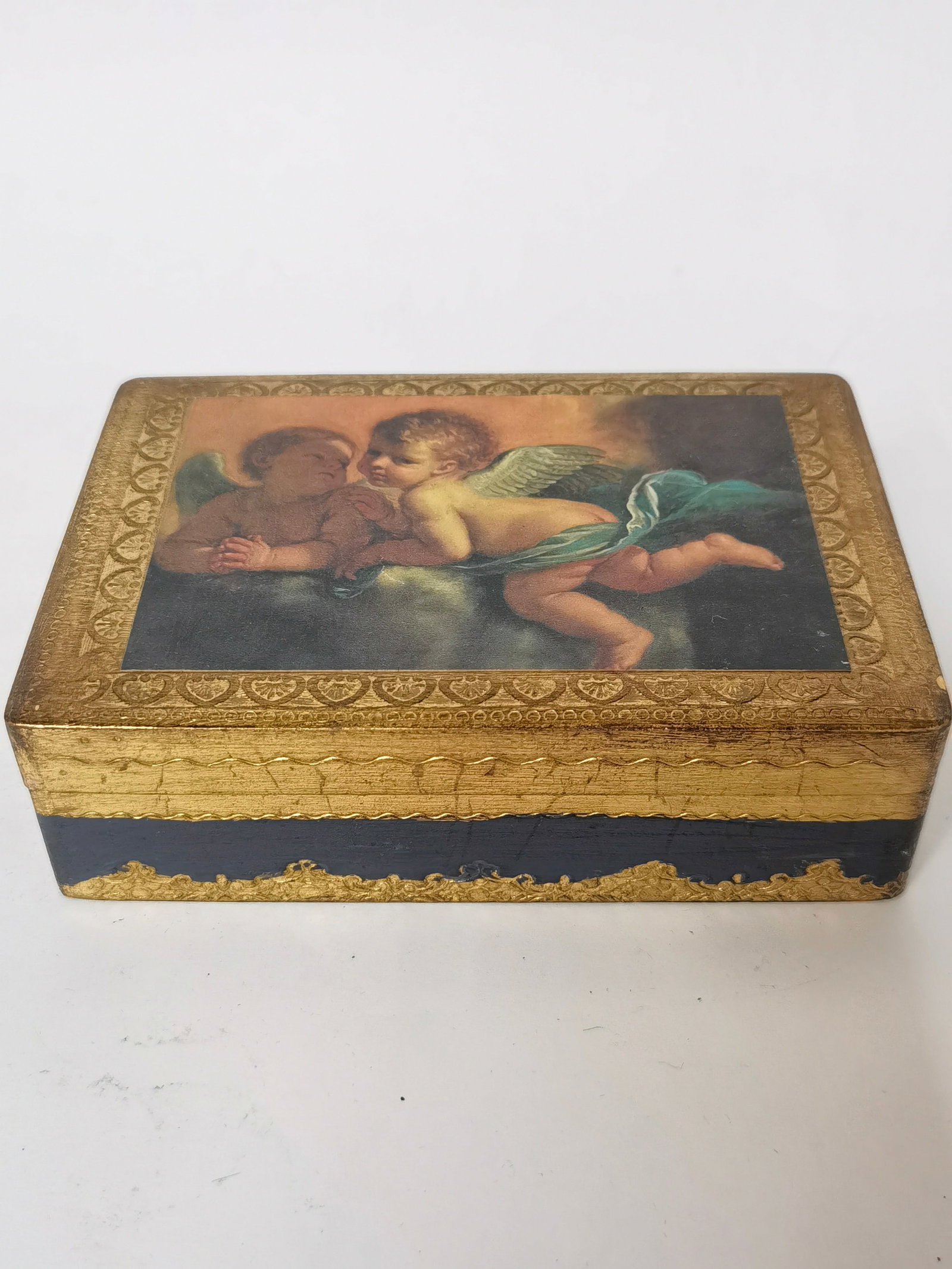 Vintage Italian Wood Angel Jewelry Box: Vintage Italian Wood Angel Jewelry Box, 6 3/8in by 4.5in by 2in