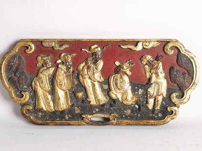Qing Chinese Guangdong Export Gilt Wood Carved P: Qing Chinese Guangdong Export Gilt Wood Carved Plaque, 5in by 11.5in