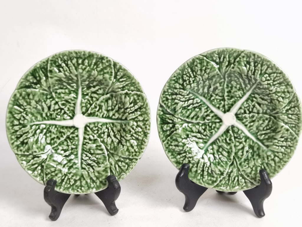 Pr. of Vintage Bordallo Pinheiro Porcelain Cabbage: Pr. of Vintage Bordallo Pinheiro Porcelain Cabbage Plates, 5.75in