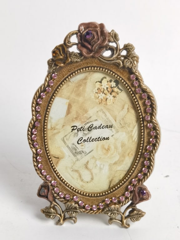 Vintage Gold Metal Pink Rhinestone Photo Frame: Vintage Gold Metal Pink Rhinestone Photo Frame, 5in by 3.25in