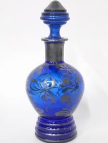 Silver Overlay Cobalt Blue Glass Decanter