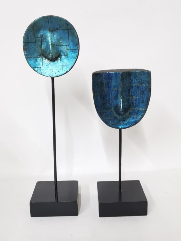(2) Mid-Century Blue Modern Wood Sculptures: (2) Mid-Century Blue Modern Wood Sculptures, 14.5in
