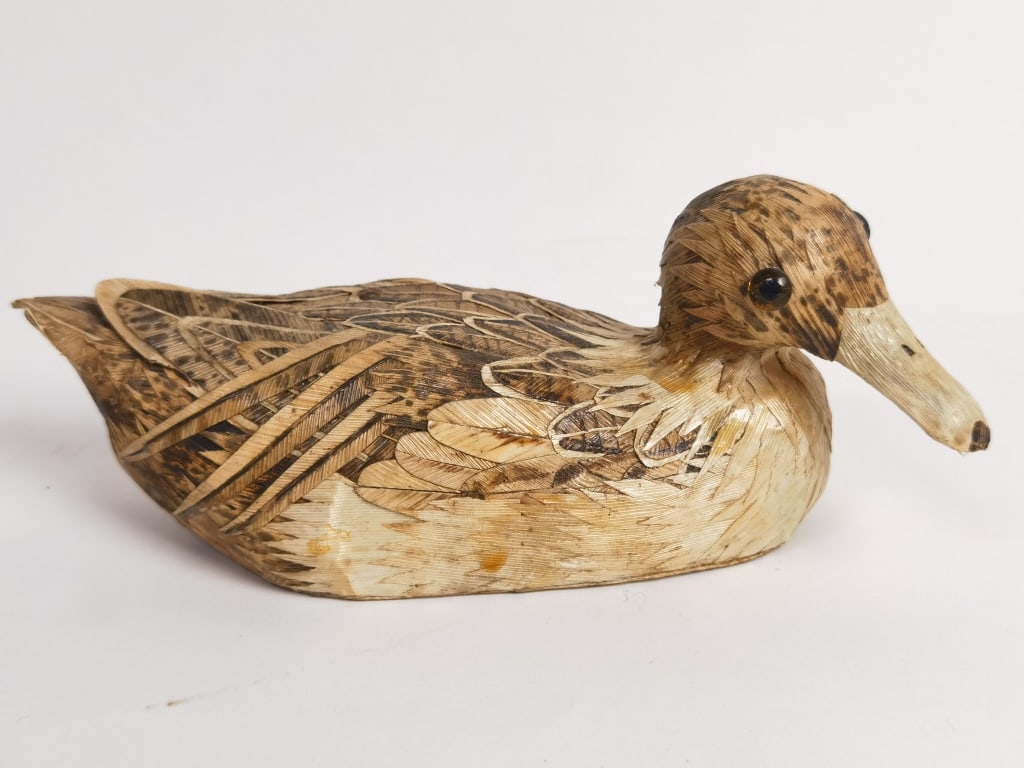 Vintage Corn Husk Wood Duck Decoy: Vintage Corn Husk Wood Duck Decoy, 3.25in by 7in