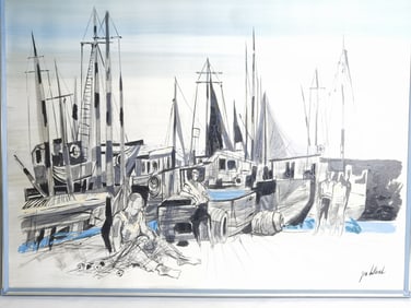 Seaside Boats Oil Painting, Signed Jon Holland
