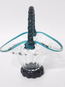 Vintage Murano Italy Smokey Green/Clear Glass Bask