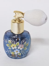 Vintage Hand Painted Blue Glass Perfume Atomizer
