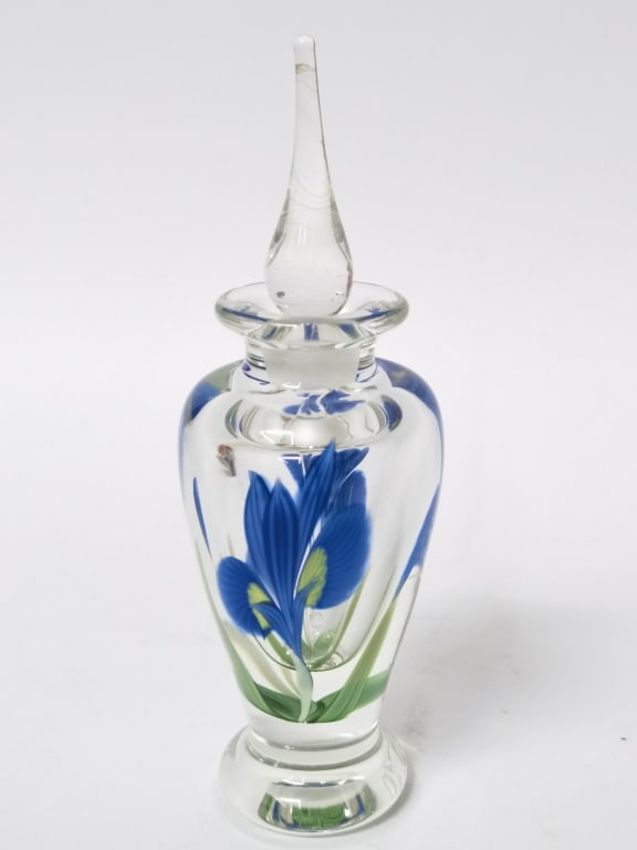 1990 Orient & Flume Blue Floral Clear Glass Perfum: 1990 Orient & Flume Blue Floral Clear Glass Perfume Bottle, 7.75in