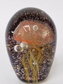 Unmarked Orange Jellyfish Glass Paperweight