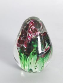 Vintage Signed Red Floral Glass Paperweight