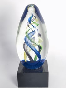 Large Yellow/Blue/Amethyst Spiral Glass Paperweigh