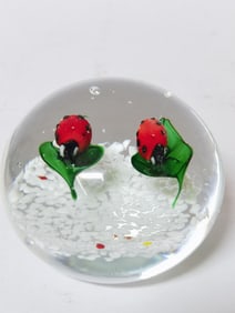 Vintage Murano Italy Ladybugs Glass Paperweight