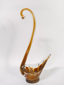 Vintage Murano Style Amber Glass Swan Bowl