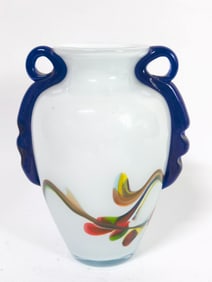 Vintage Multicolor Swirl White Art Glass Vase with Blue Handles