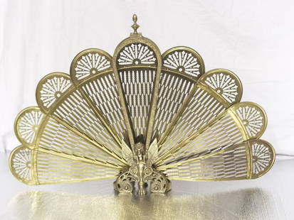 Vintage Brass Gargoyle Peacock Fireplace Screen: Vintage Brass Gargoyle Peacock Fireplace Screen, 25in by 38in