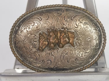 Vintage Copper Overlay Silver Horse Head Belt Buck