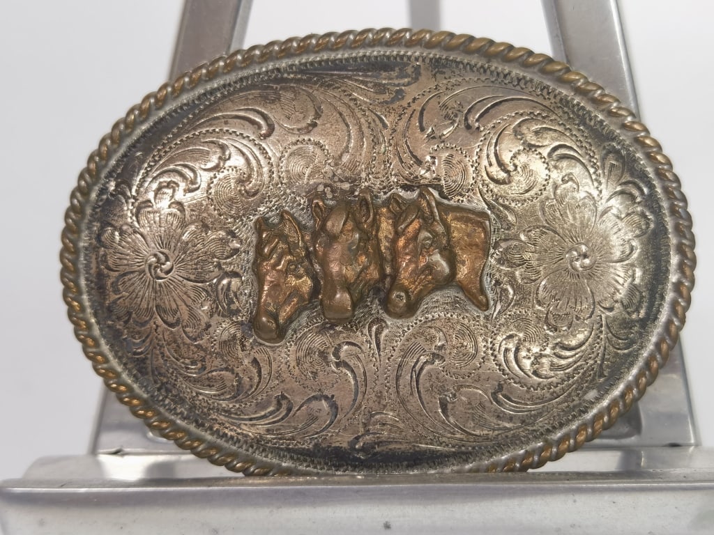 Vintage Copper Overlay Silver Horse Head Belt Buck (1 of 5)