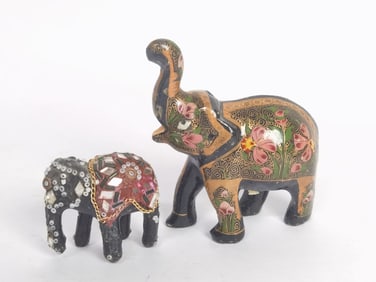 (2) Vintage Hand Painted Wooden Elephants