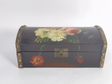 Vintage Hand Painted Floral Black Jewelry Box