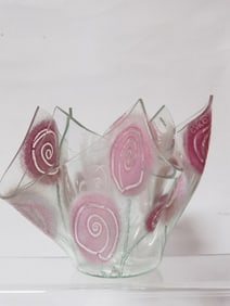 Signed Esko Pink Swirl Art Glass Handkerchief Vase