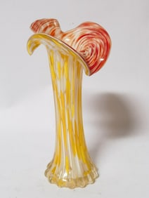 Vintage Yellow/Red Swirl Art Glass Ribbed Vase