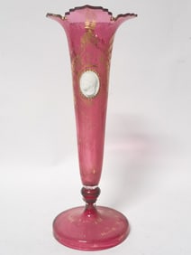 Vintage Gilt Ruby Glass with Cameo Pedestal Vase