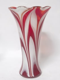 Vintage Ruby and White Pulled Feather Glass Vase