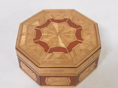 Vintage Wood Inlay Bamboo Weaved Jewelry Box