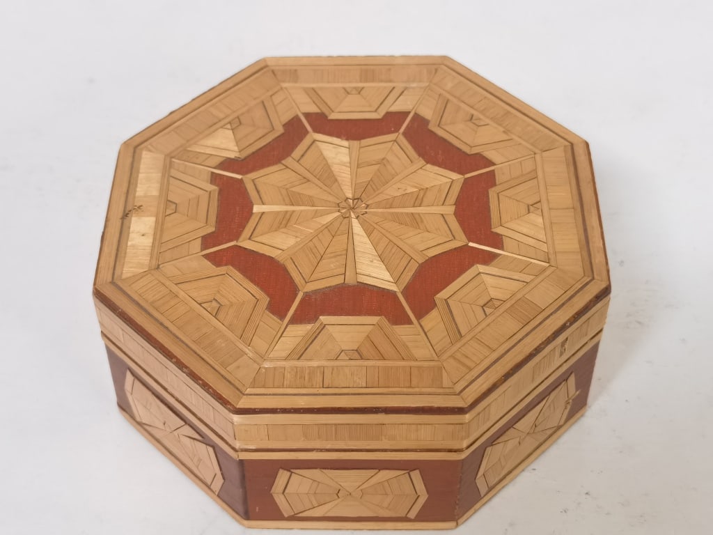 Vintage Wood Inlay Bamboo Weaved Jewelry Box (1 of 4)