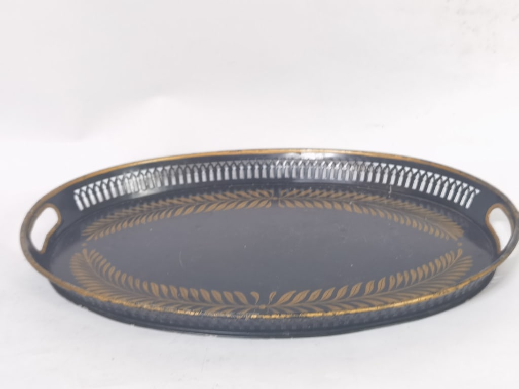 Vintage Gilt Black Enameled Metal Tray: Vintage Gilt Black Enameled Metal Tray, 1.5in by 15.5in