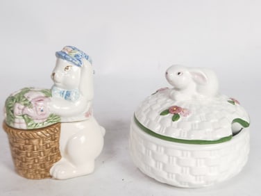 (2) Vintage Porcelain Rabbit Covered Bowls