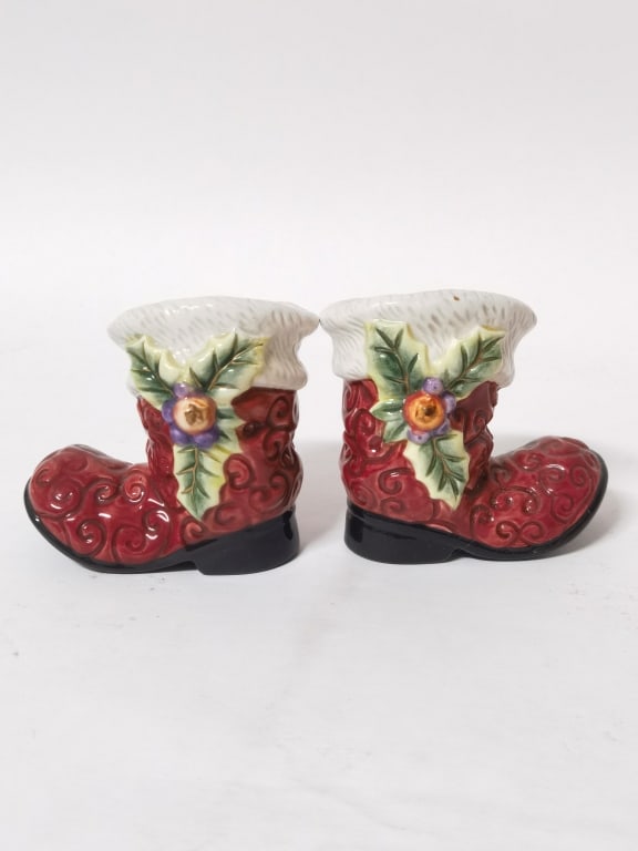 Pr. of Porcelain Christmas Boots Salt/Pepper Shake: Pr. of Porcelain Christmas Boots Salt/Pepper Shakers, 2.75in