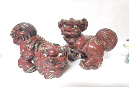 Pr. of Chinese Shiwan Pottery Lion Figurines
