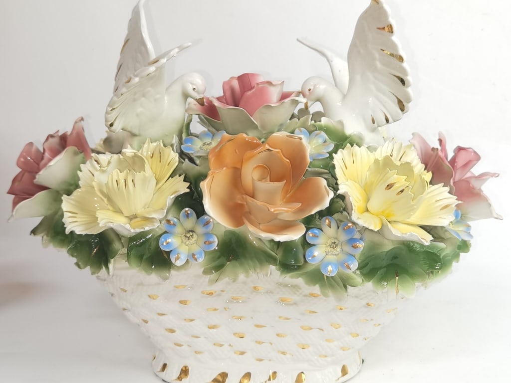 Vintage Italian Porcelain Doves and Flower Basket: Vintage Italian Porcelain Doves and Flower Basket, 16in by 22in