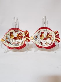 Pair of Maxcera Red Yellow Rooster Fish Plates