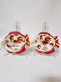 Pair of Maxcera Red Yellow Rooster Fish Plates