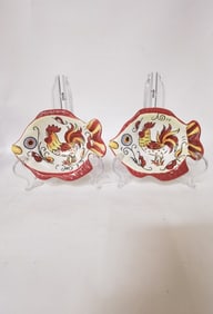 Pair of Maxcera Red Yellow Rooster Fish Plates