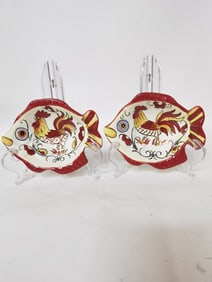 Pair of Maxcera Red Yellow Rooster Fish Plates