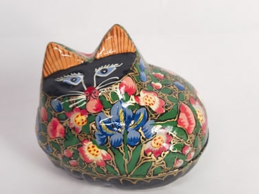 Vintage Papier Mache Lacquer Painted Cat Trinket B